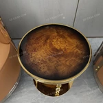 Round Burl Veneer Sofa Side Table with Segmented Gold Stainless Steel Columns and Circular Base